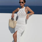 Robe Longue en Maille Ajourée – Col Haut & Fente Latérale